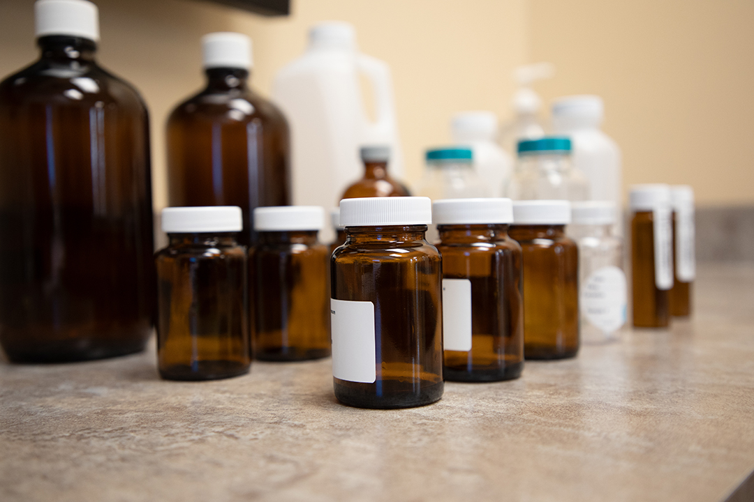 Various bottles used during water sampling.