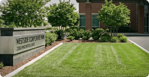 Patch of grass in front of building signage
